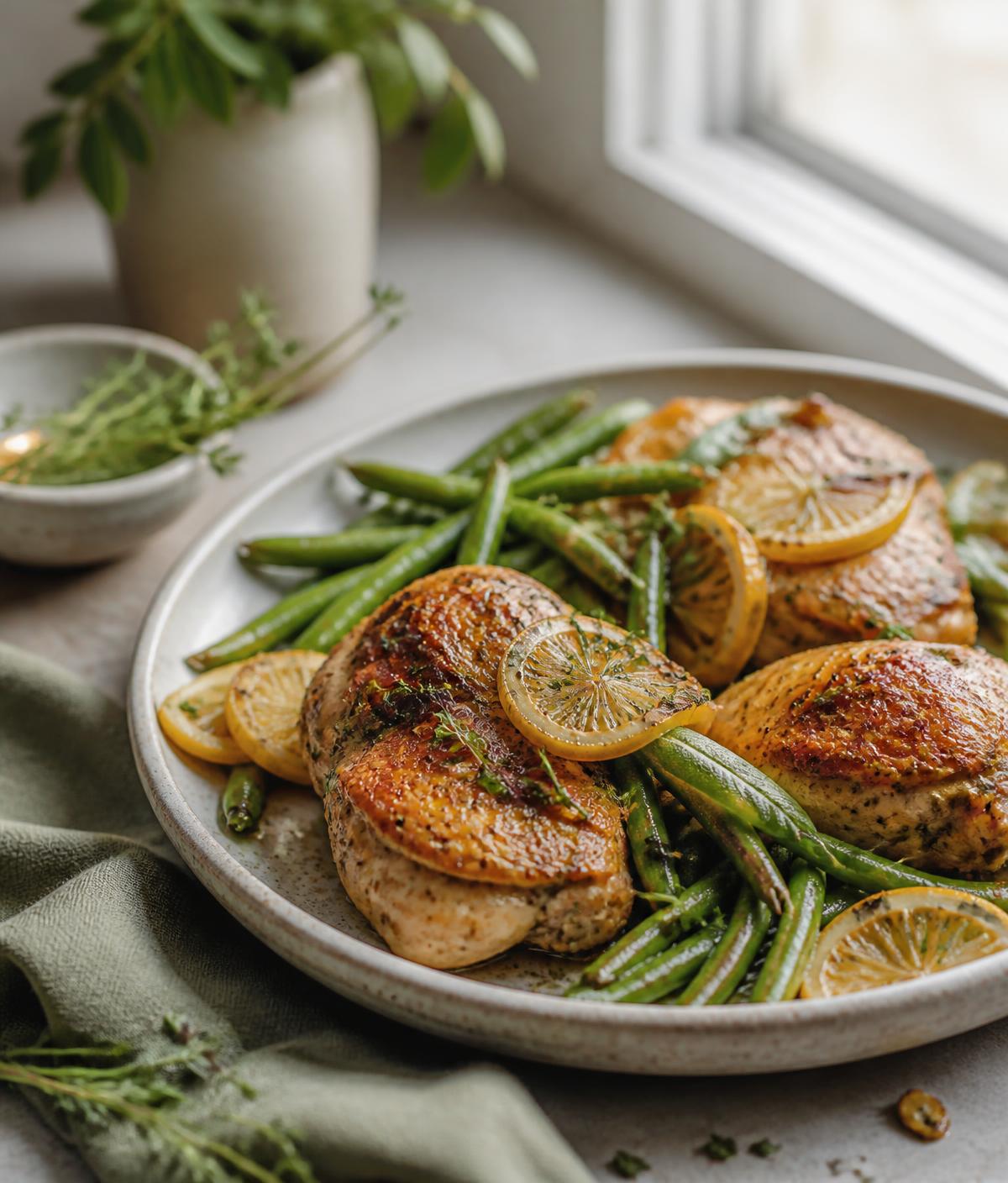 Lemon herb chicken with green beans on a stoneware plate, photographed in daylight
