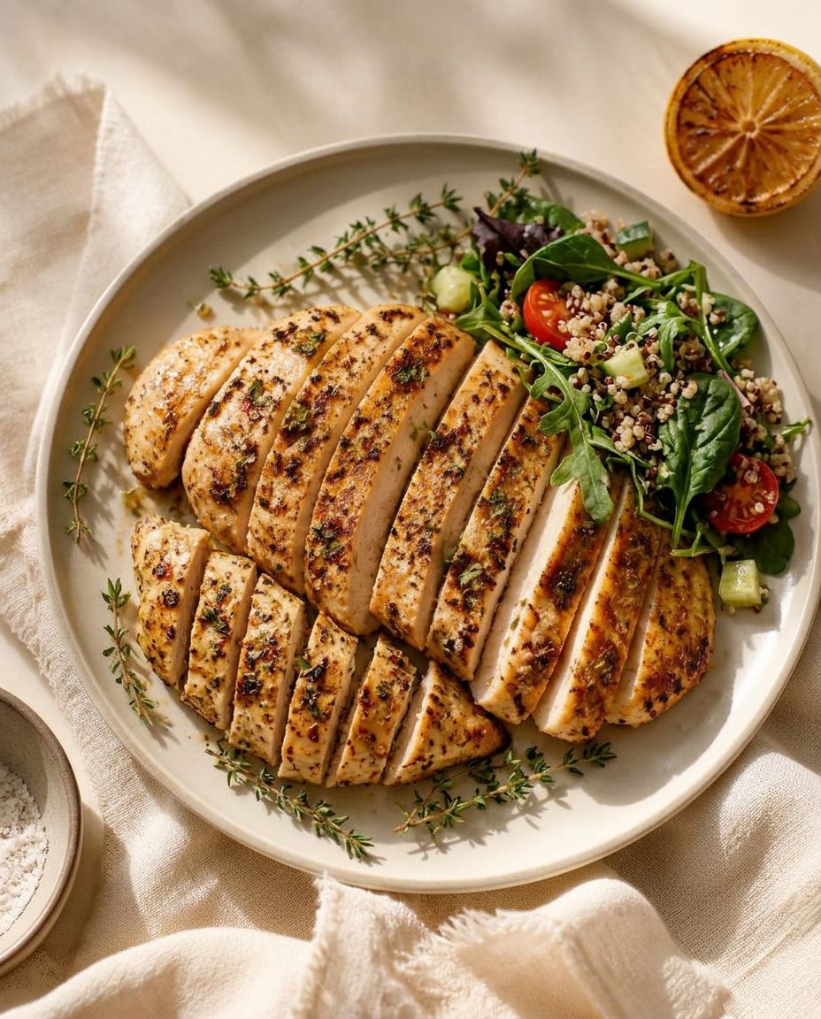 The same cream plate in daylight with a generous serving of sliced herb chicken and a small portion of greens and grains